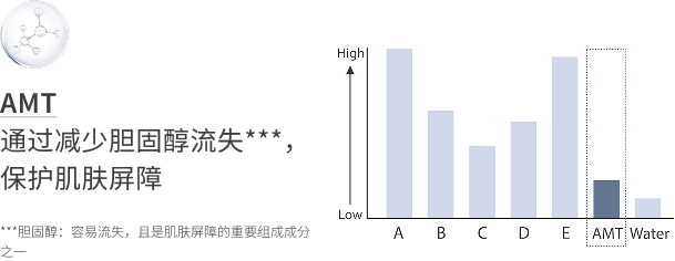 AMT 通过减少胆固醇流失***，保护肌肤屏障 ***胆固醇：容易流失，且是肌肤屏障的重要组成成分之一