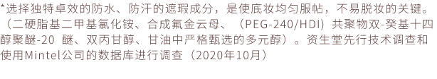 *选择独特卓效的防水、防汗的遮瑕成分，是使底妆均匀服帖，不易脱妆的关键。（二硬脂基二甲基氯化铵、合成氟金云母、（PEG-240/HDI)共聚物双-癸基十四醇聚醚-20醚、双丙甘醇、甘油中严格甄选的多元醇）。资生堂先行技术调查和使用Mintel公司的数据库进行调查（2020年10月）